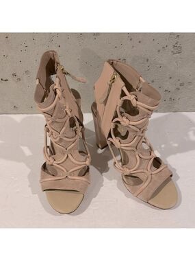 BCBG Pink Faye Peep Toe Bare Heel Suede and Leather Ankle Boots -  Size 8